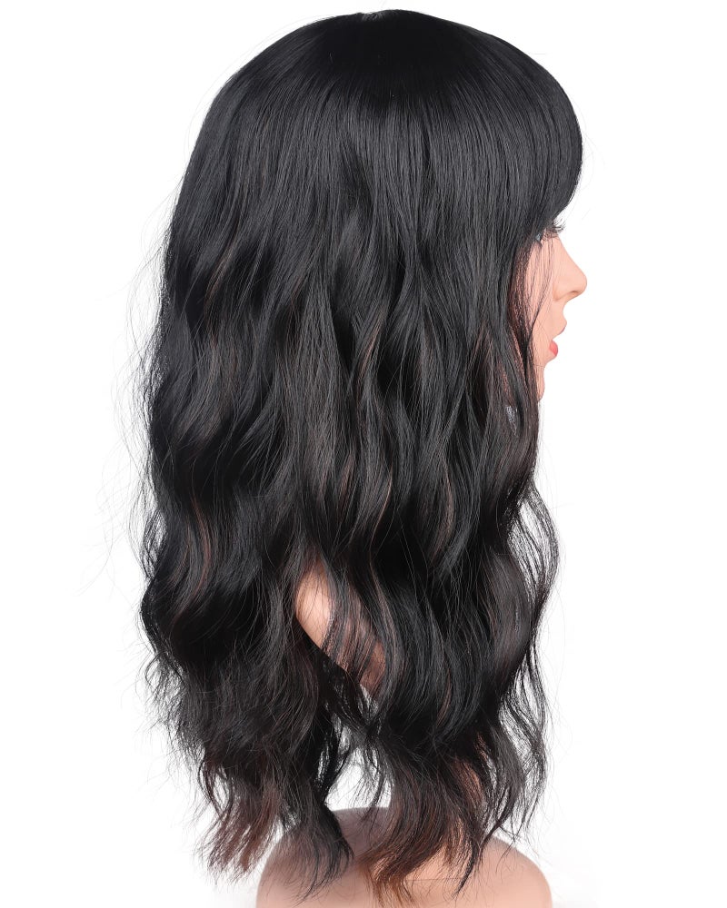 SYMEIW Black Wavy Wig With Brown Highlights For Women - Medium Long Synthetic Wig With Bangs For Daily Use (Black With Brown Highlights) - Image 5
